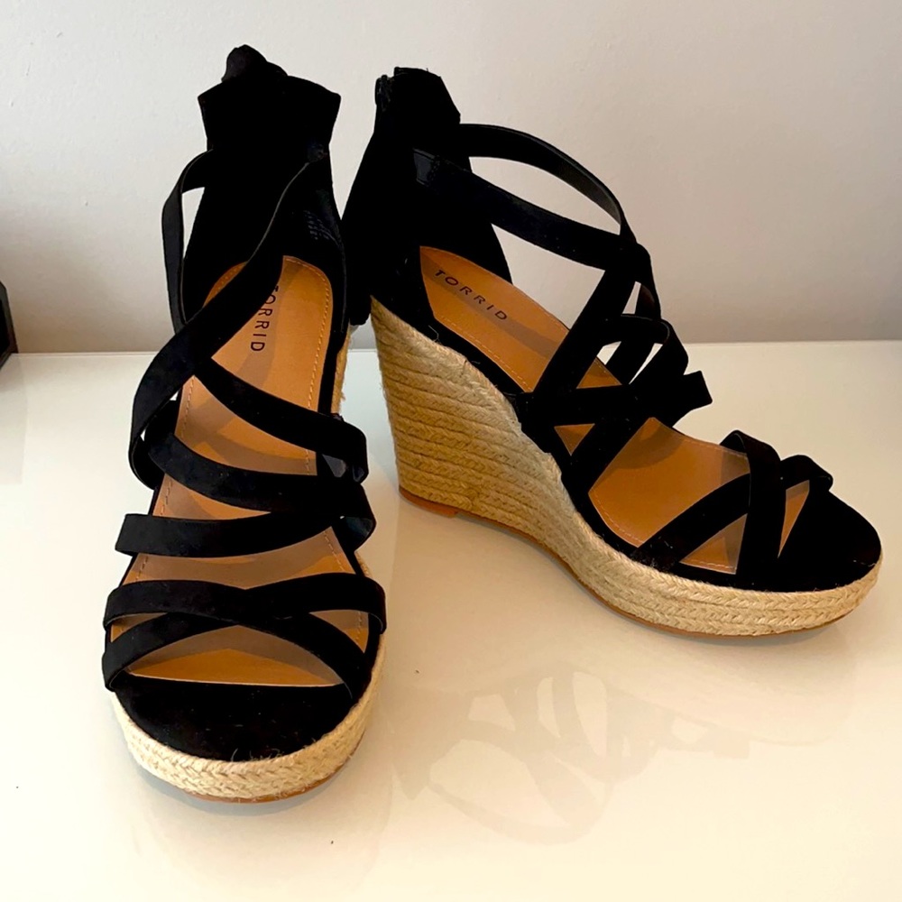 Torrid Black Ankle-Wrap Platform Wedge (11W)